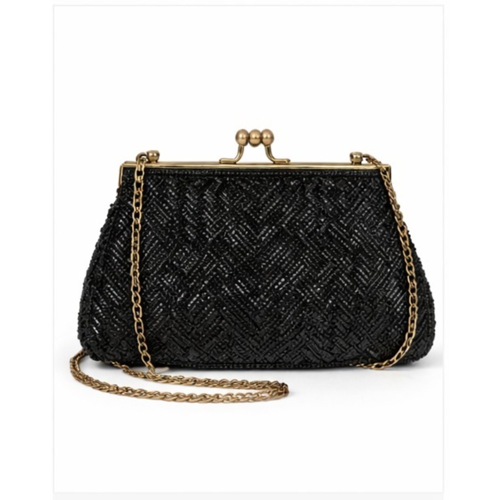 Vintage Art Deco Era‎ Herringbone Beaded Evening Shoulder Bag Coin Purse Black